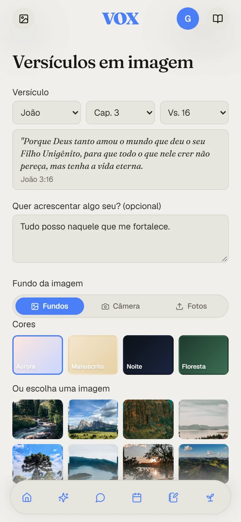 Editor mobile de versículos em imagem do VOX