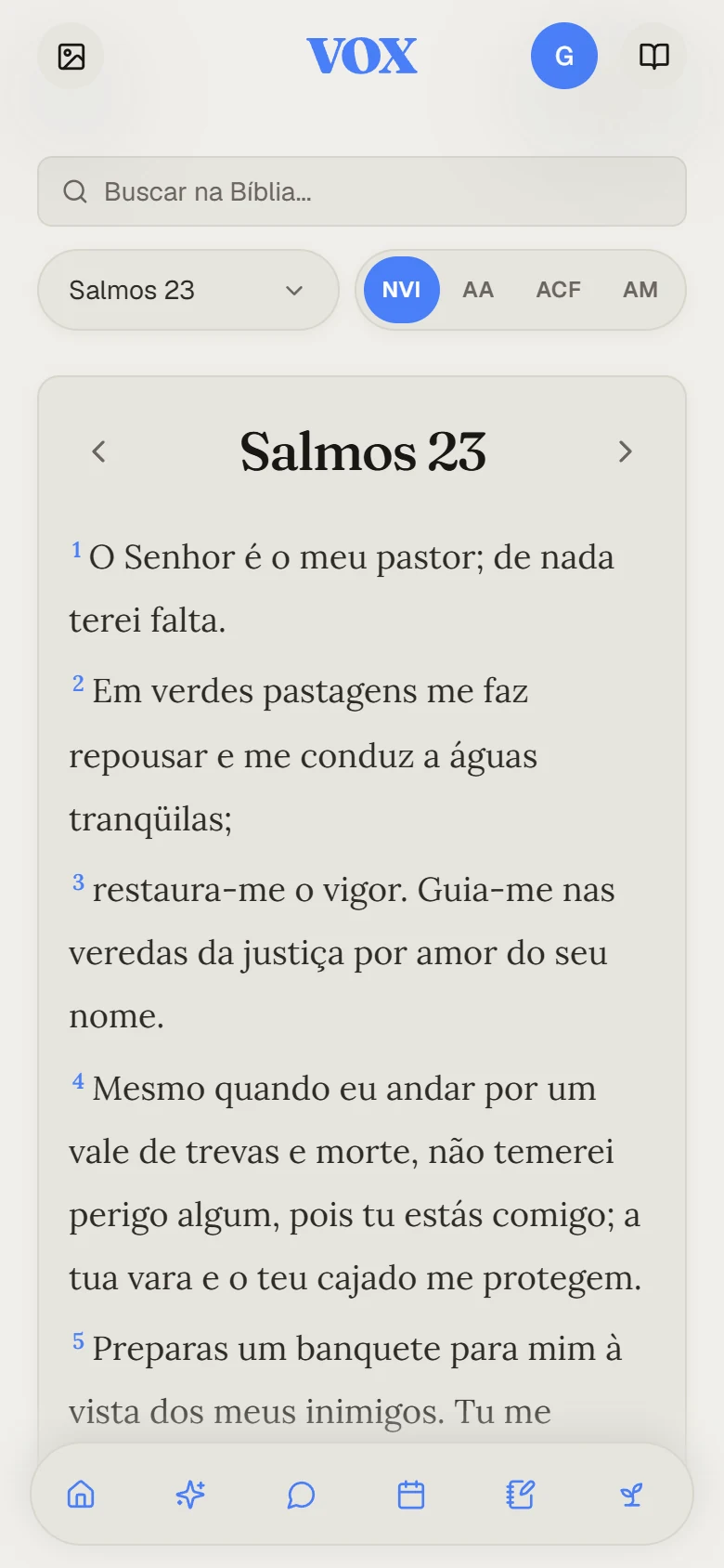 Salmos 23 aberto no leitor mobile do VOX