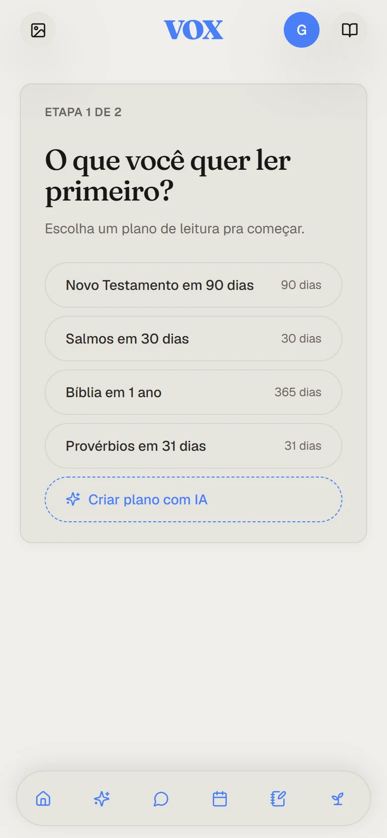 Escolha de plano de leitura no VOX