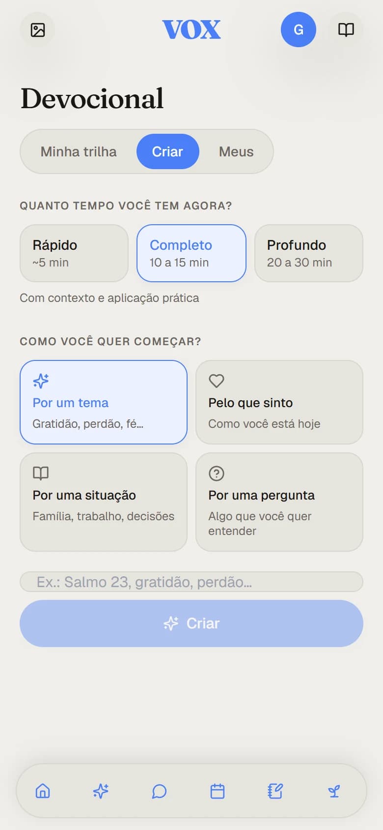 Criação guiada de devocional no VOX
