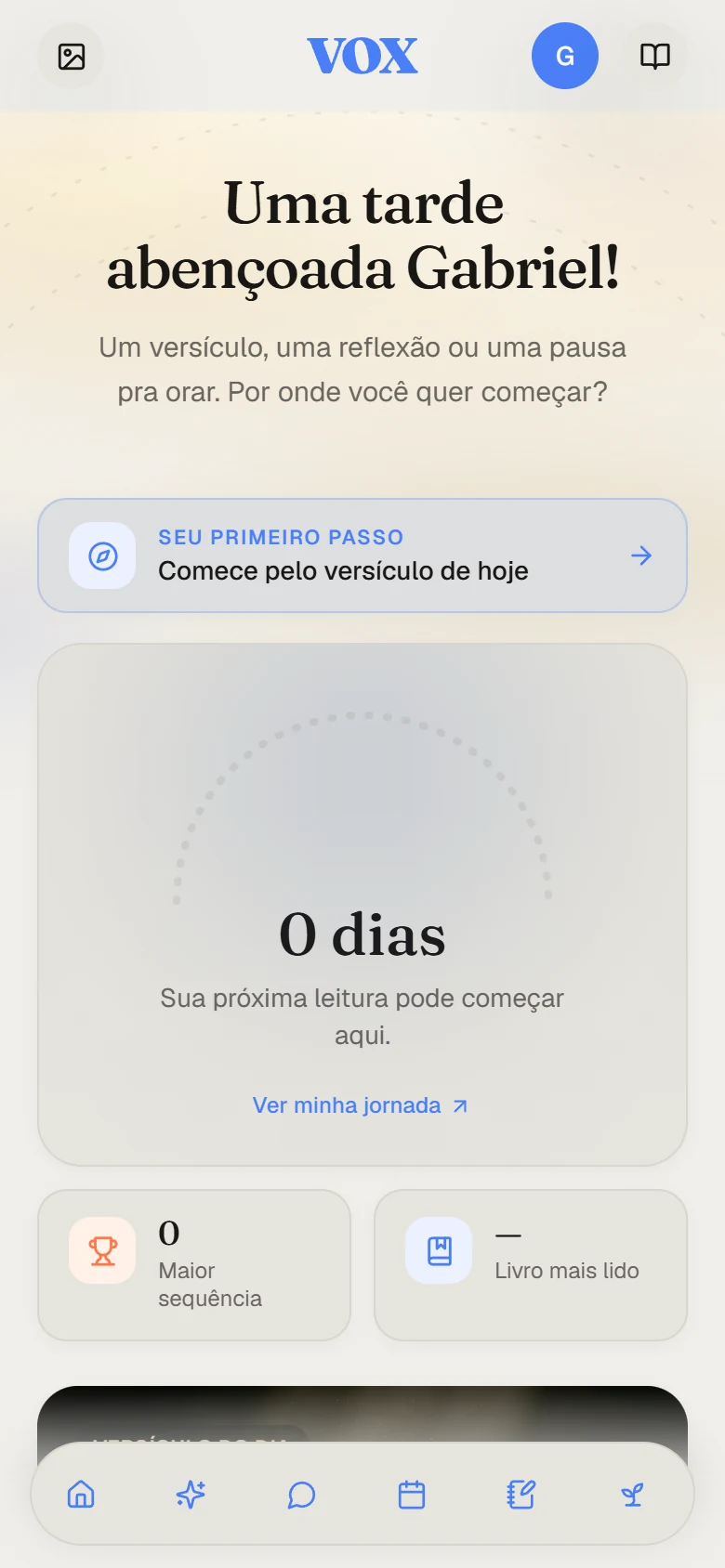 Tela inicial mobile do VOX com saudação e jornada diária