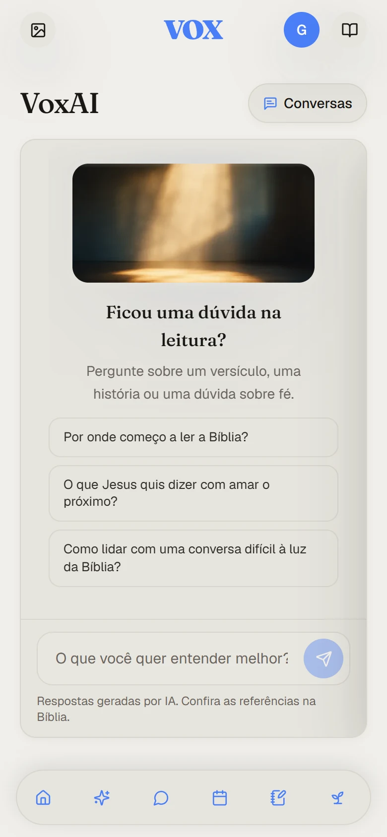 Tela inicial do VoxAI com perguntas bíblicas
